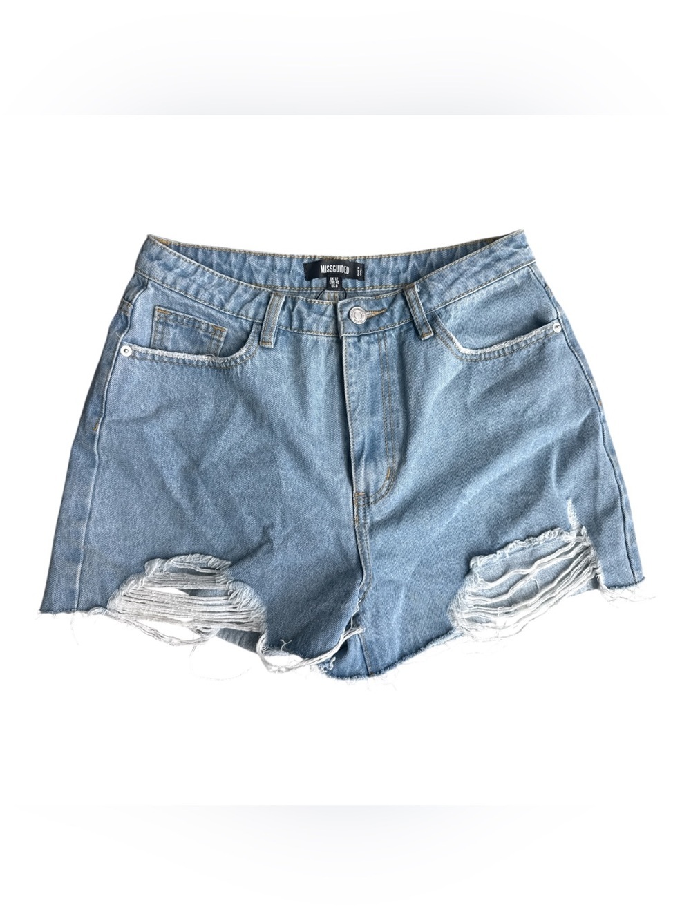 Missguided Light Blue Distressed High-Rise Denim Shorts